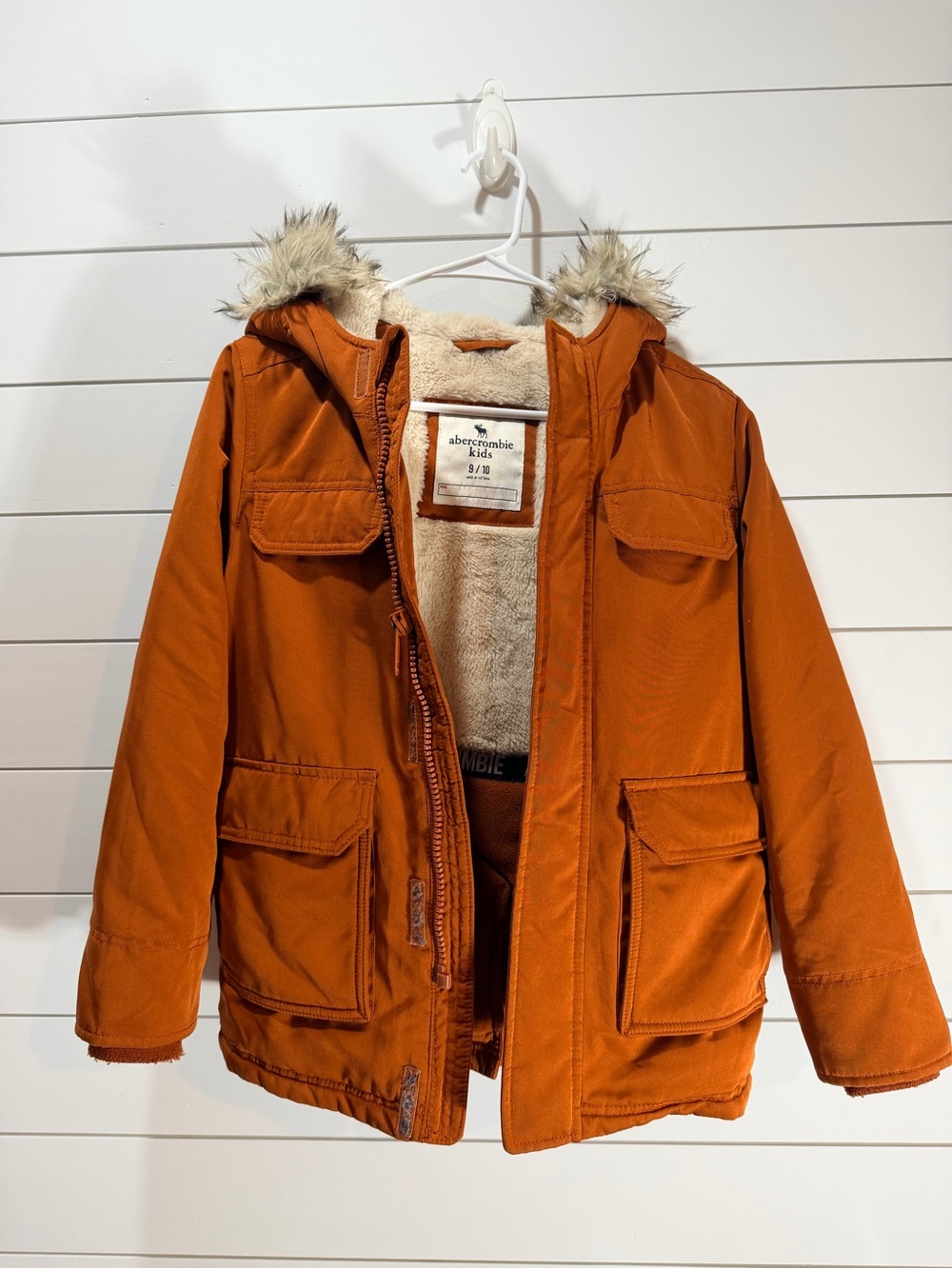 Abercrombie Kids Boys Brown Hooded Parka Jacket Full Zip Fur Trim 9/10